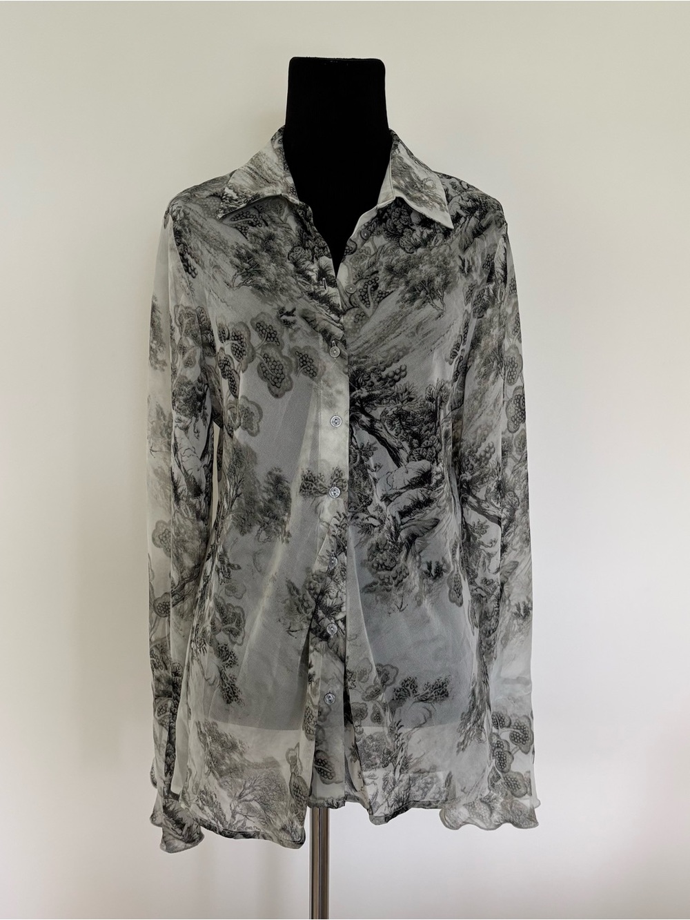 Sheer Black & White Printed Button-Up Blouse